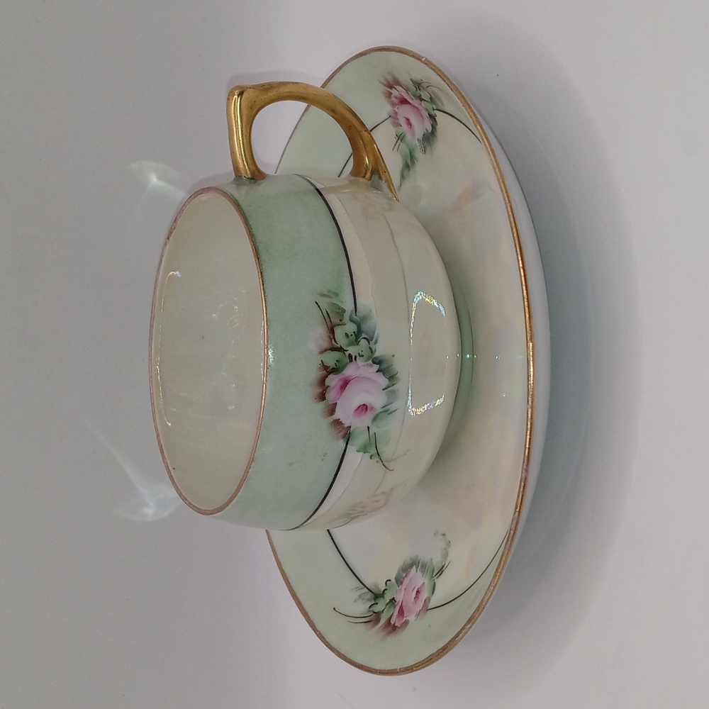 Vintage Jorgensen Pearlescent and Green Tea Cup & Saucer Pink Rose and Gold Trim